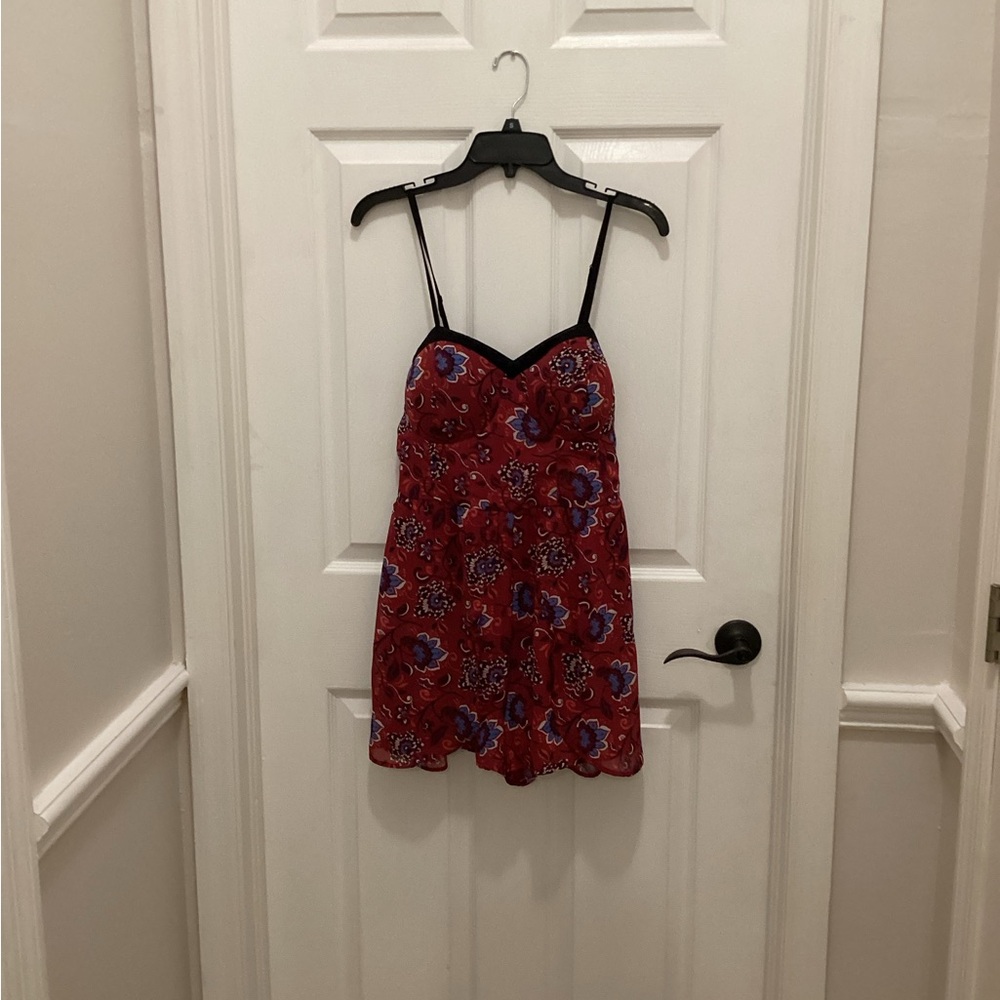 Xhilaration Red Dress with Blue Floral Design